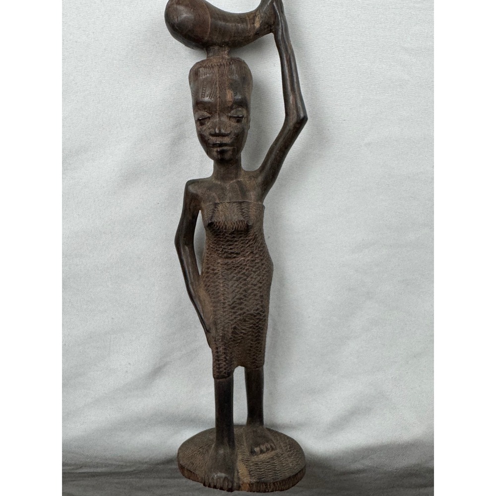 Hand Carved Wooden African Woman Figurine‎ Carrying Pot on Head Statue
